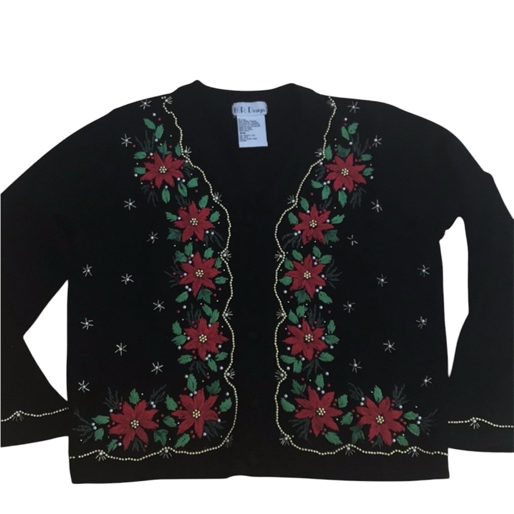 Vintage Black Embroidered Poinsettia Bead‎ Pearl Winter Party Christmas Sweater